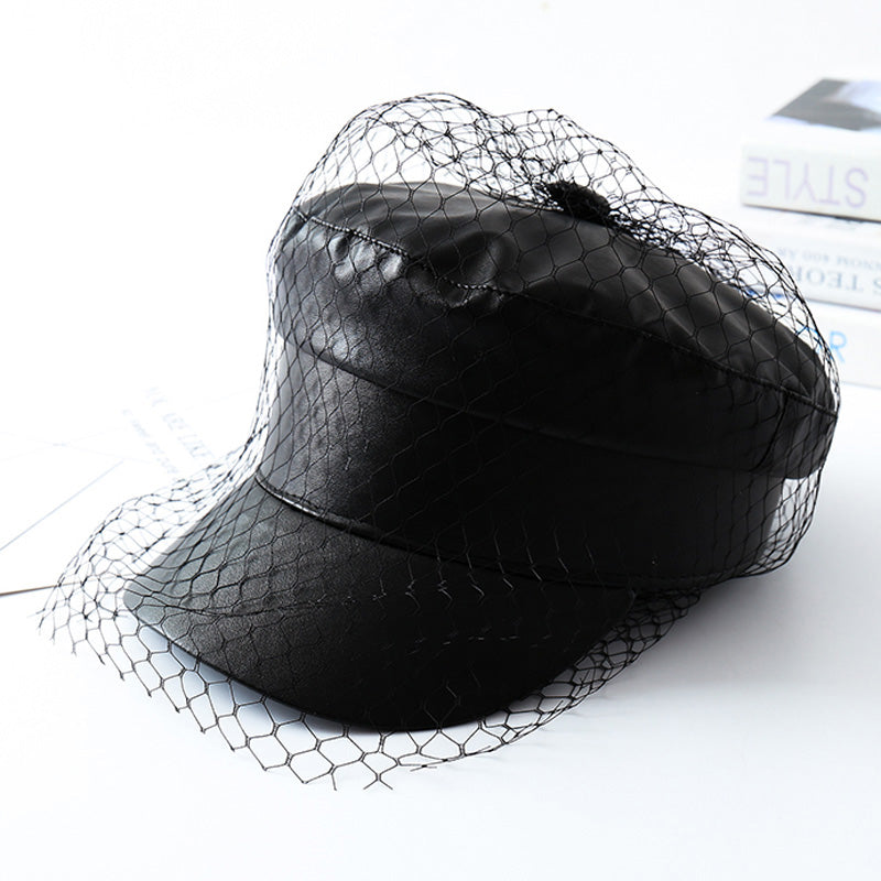 Gothic Faux Leather Newsboy Hat with Veil Mesh