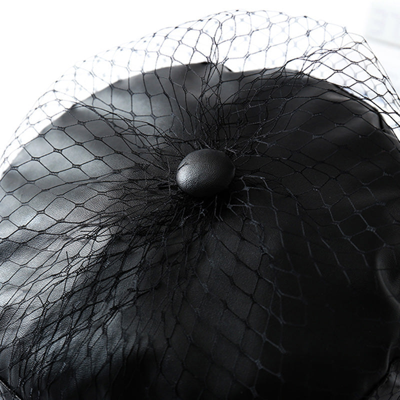 Gothic Faux Leather Newsboy Hat with Veil Mesh