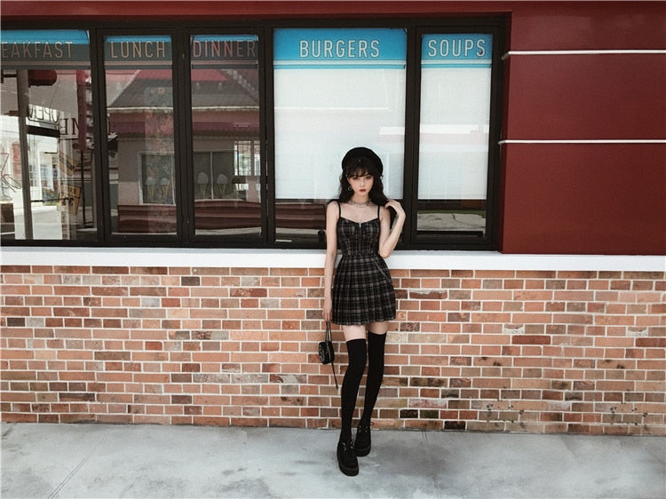 Gothic Gray Black Plaid Sling Strap Pleated Mini Dress