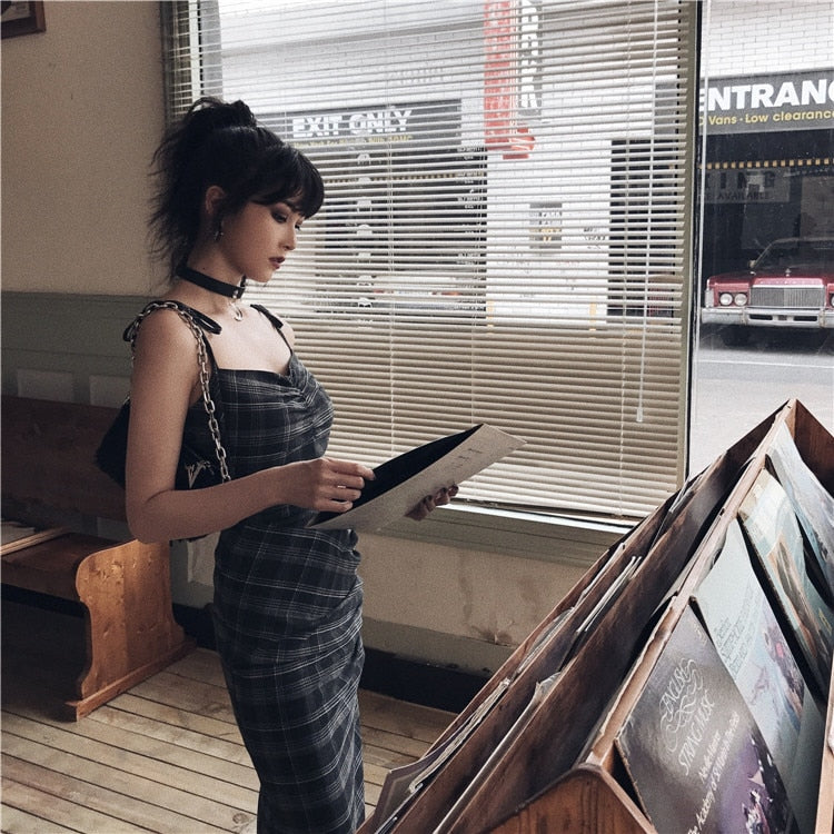 Gothic Sling Strap Plaid Slit Dress