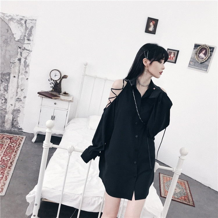 Gothic Lace Up Cold Shoulder Long Sleeve Collared Top