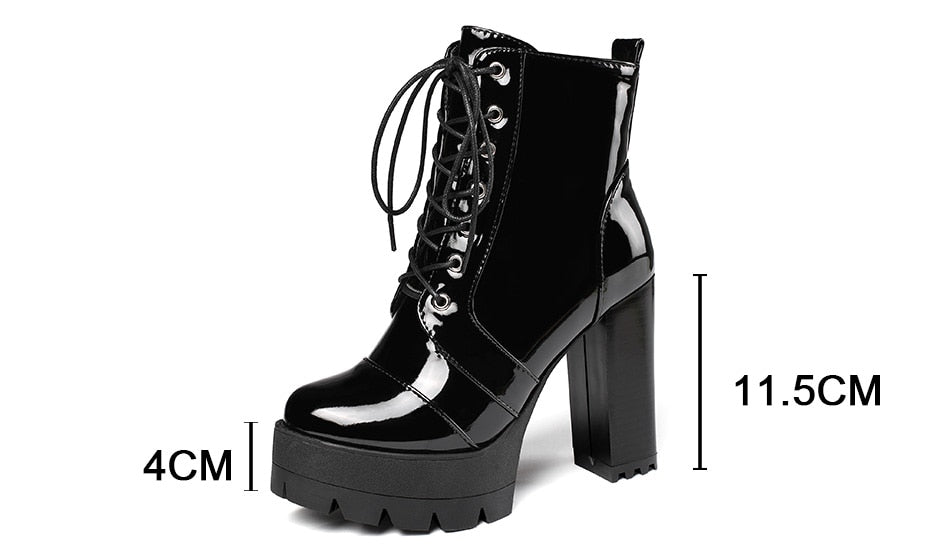 Gothic Patent Leather Lace Up Zipper Heeled Boots