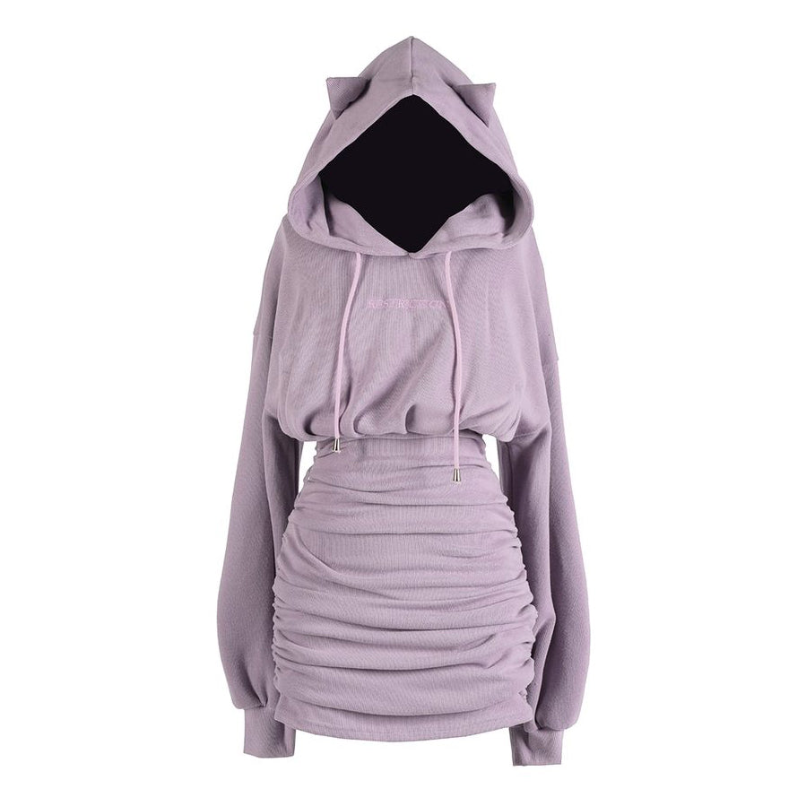 Gothic Streetwear Cat Ears Puffed Long Sleeve Hoodie Dress