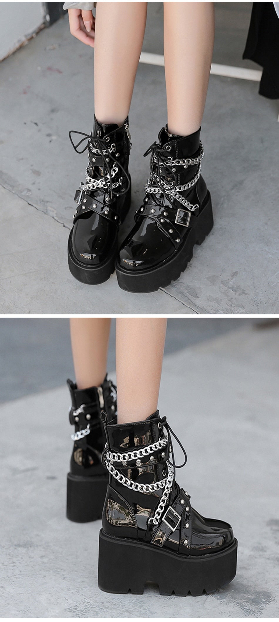 Gothic Grunge Chains and Studs Buckle Strap Platform Boots