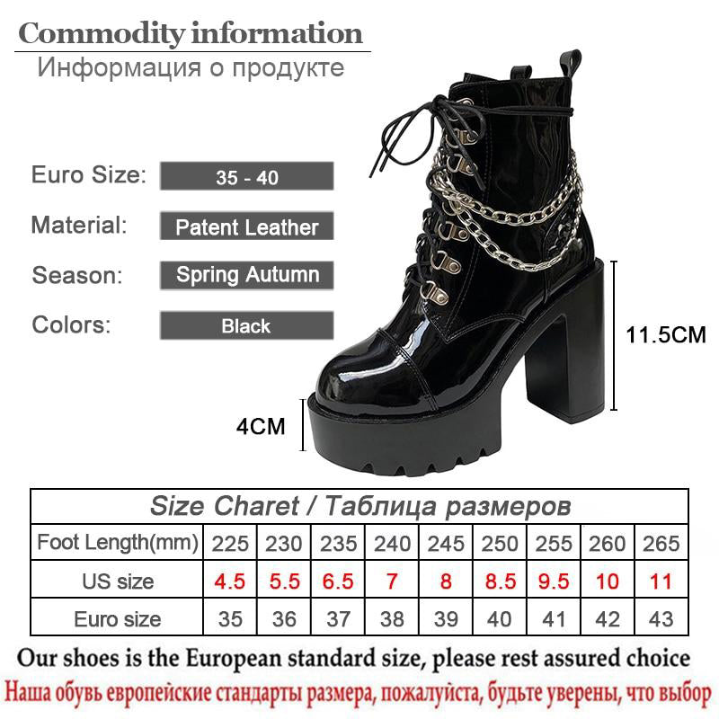 Gothic Patent Leather Lace Up Double Chain Platform Boots