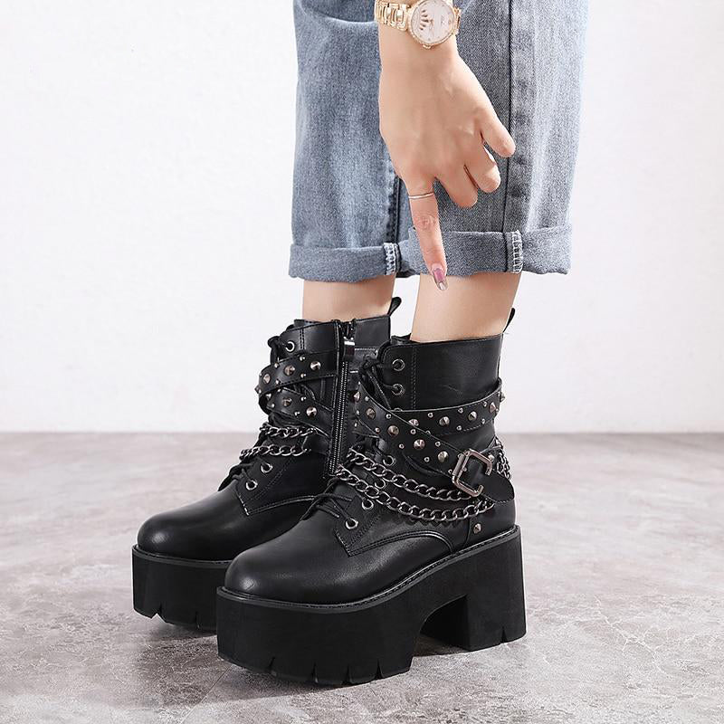 Gothic Rivets Chains Lace Up Platform Boots
