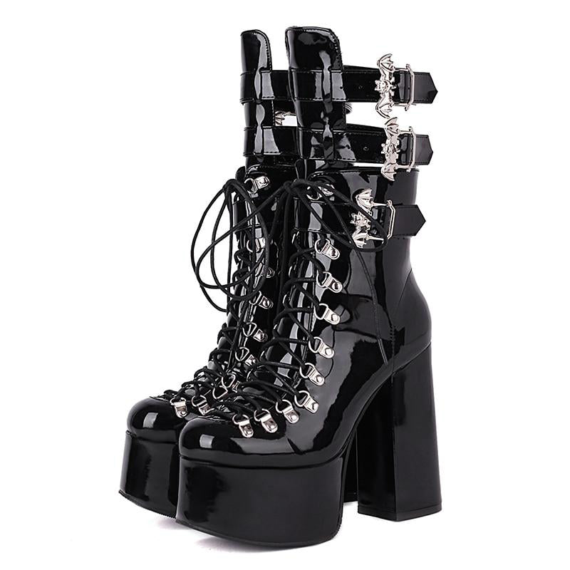 Gothic Bat Wings Buckles Strap Lace Up Platform Boots
