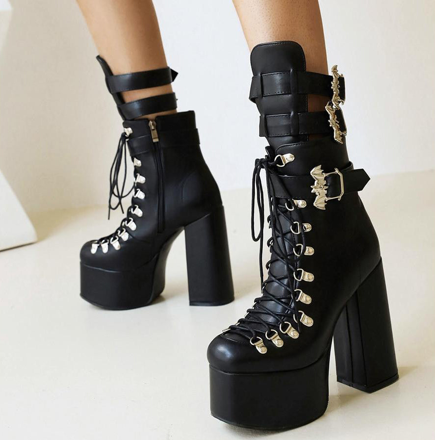 Gothic Bat Wings Buckles Strap Lace Up Platform Boots