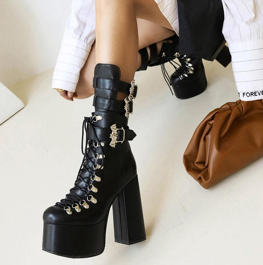 Gothic Bat Wings Buckles Strap Lace Up Platform Boots