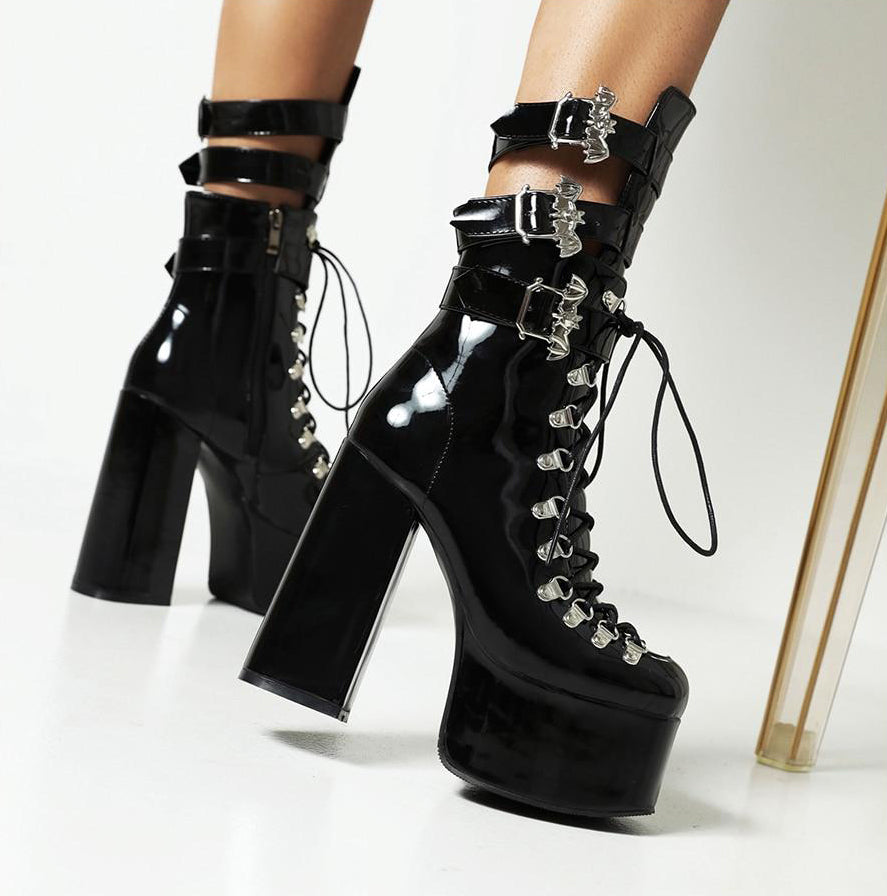 Gothic Bat Wings Buckles Strap Lace Up Platform Boots