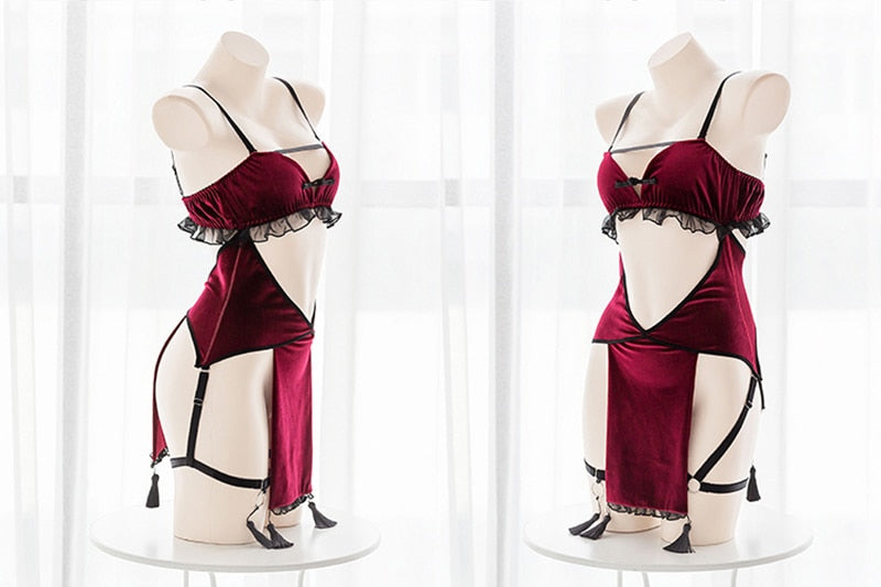 Gothic Cosplay Lingerie Black Red Temptation Lace Dress