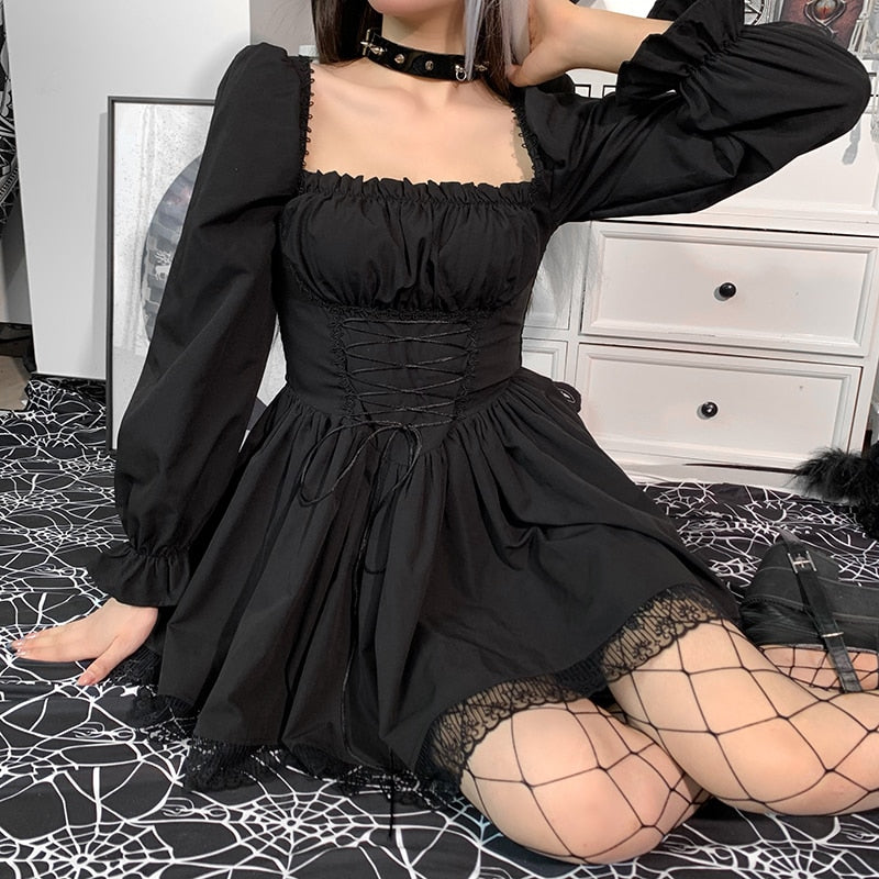 Gothic Vintage Corset Waist Lace Trim Long Sleeve Mini Dress (availabl ROCK 'N DOLL Gothic Vintage Corset Waist Lace Trim Long Sleeve Mini Dress (availabl ROCK 'N DOLL