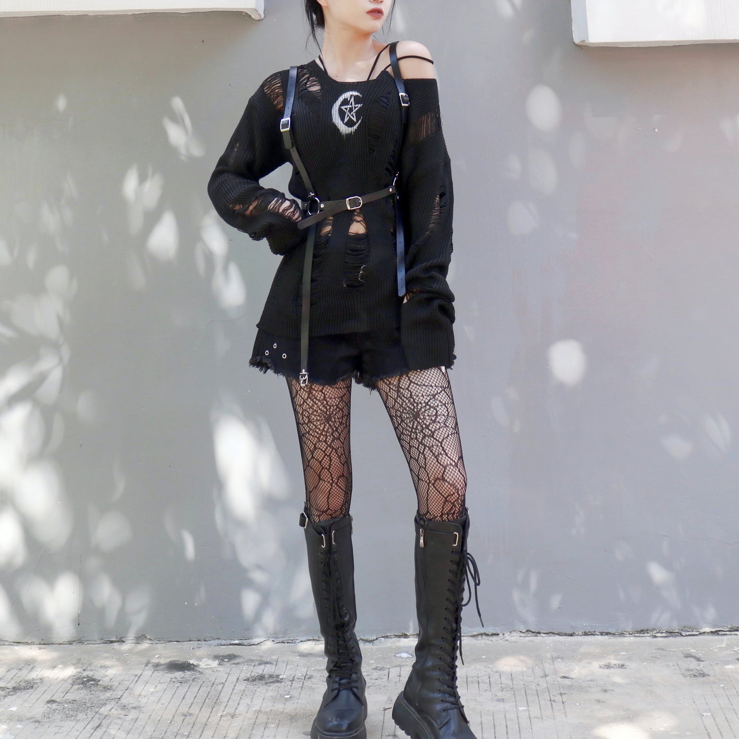 Gothic Moon Star Ripped Knitted Pullover Top