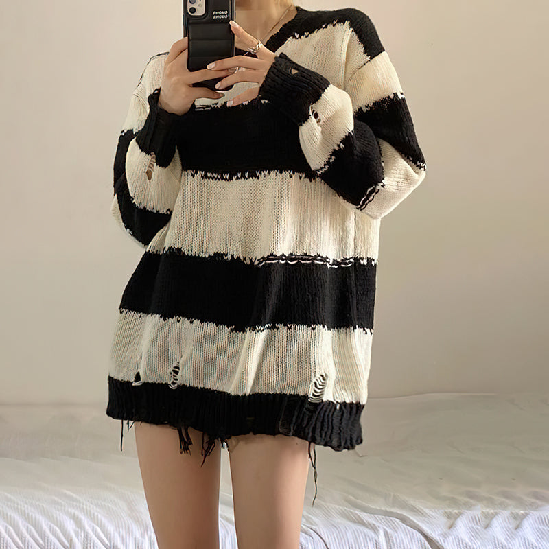 Gothic Grunge Y2K Black White Striped Knitted Sweater Top