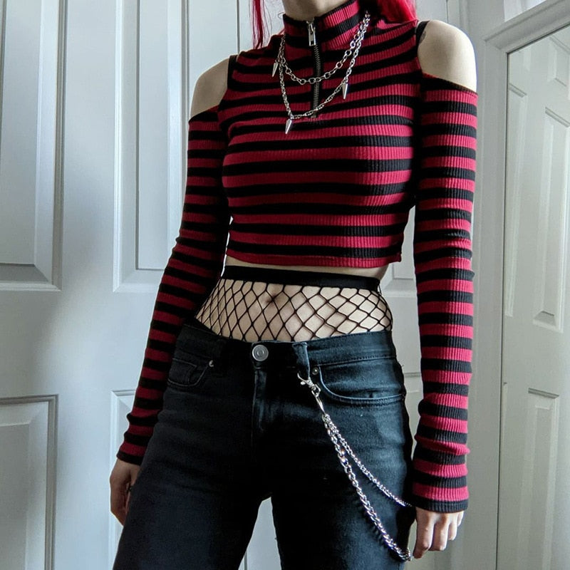 Gothic Grunge 90's Striped Cold Shoulder Long Sleeve Top