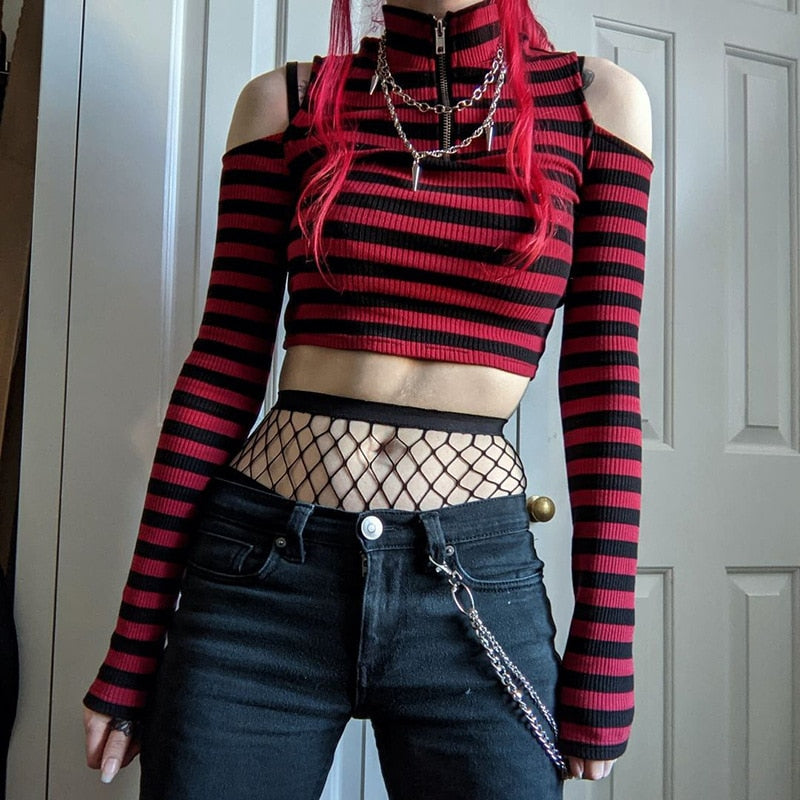 Gothic Grunge 90's Striped Cold Shoulder Long Sleeve Top