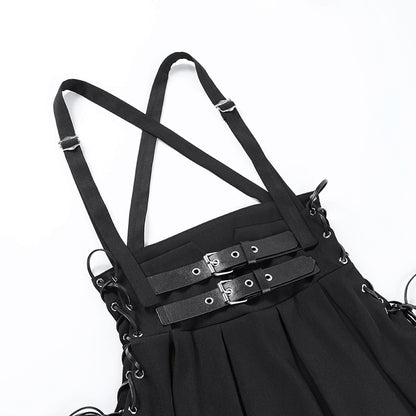 Gothic 90's Double Buckle High Waist Suspender Pleated Skirt