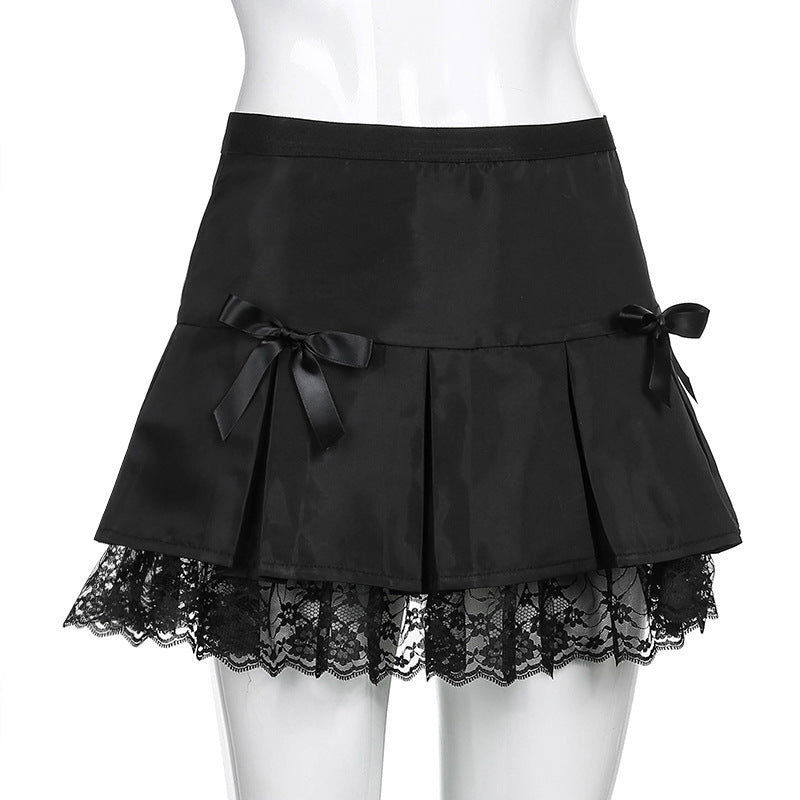 Gothic Bows Lace Patchwork Pleated Mini Skirt