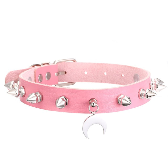 Gothic Punk Black Crescent Moon Studded Choker Necklace (available in 5 colors)