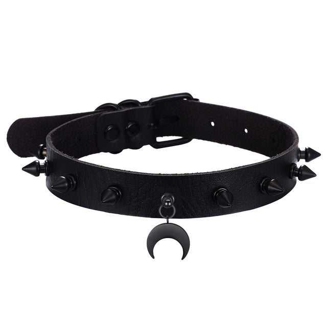 Gothic Punk Black Crescent Moon Studded Choker Necklace (available in 5 colors)