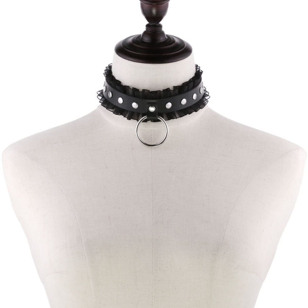Gothic Leather Lace O-Ring Choker Necklace (available in 4 colors)