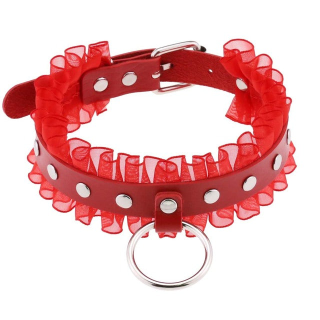 Gothic Leather Lace O-Ring Choker Necklace (available in 4 colors)