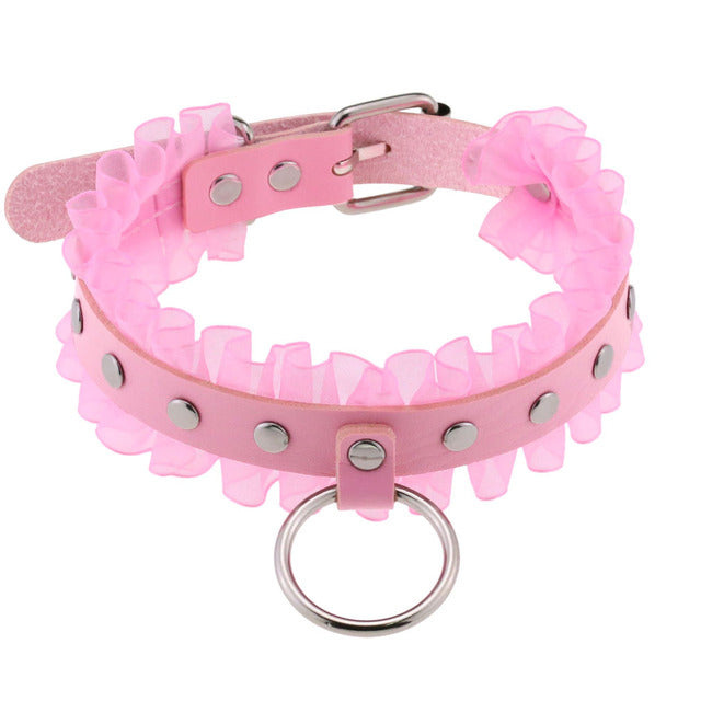 Gothic Leather Lace O-Ring Choker Necklace (available in 4 colors)