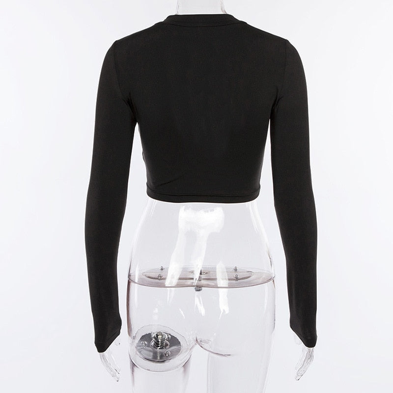 Gothic Buckle Hollow Out Front Long Sleeve Crop Top