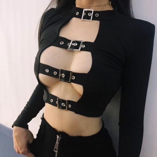 Gothic Buckle Hollow Out Front Long Sleeve Crop Top