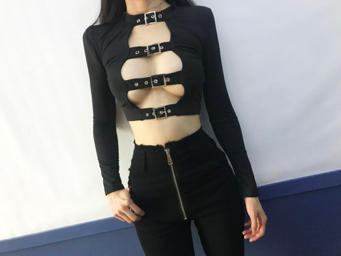 Gothic Buckle Hollow Out Front Long Sleeve Crop Top