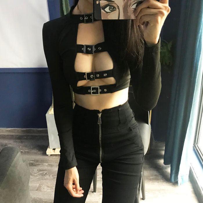 Gothic Buckle Hollow Out Front Long Sleeve Crop Top