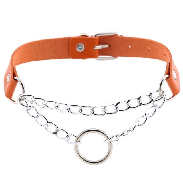 Gothic Punk Ring and Chain Choker Necklace (Available in 16 Colors)