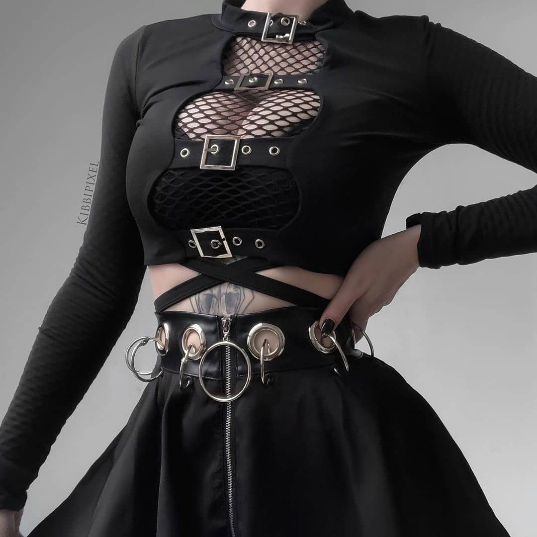 Gothic Buckle Hollow Out Front Long Sleeve Crop Top