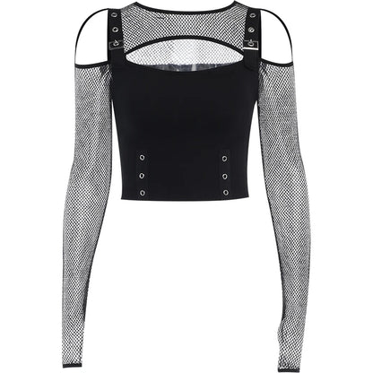 Gothic Y2k Fishnet Patchwork Hollow Out Cold Shoulder Long Sleeve Top