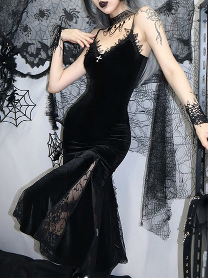 Gothic Cross Velvet Lace Patchwork Midi Dress