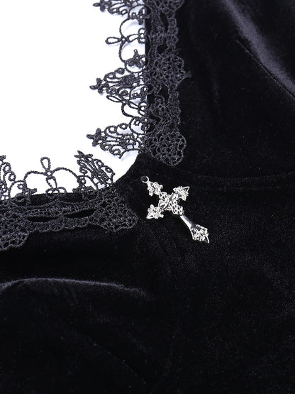 Gothic Cross Velvet Lace Patchwork Midi Dress