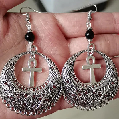 Gothic Alt Goth Ankh Cross Mandala Earrings