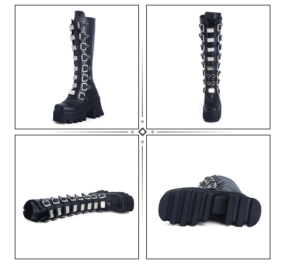 Gothic Metal Buckle Platform Knee High Boots