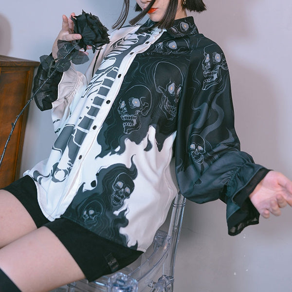 Gothic Skeleton Skulls Two-Tone Lantern Sleeve Top