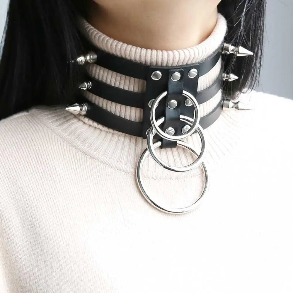 Gothic Triple Strap O-Ring Spikes Choker Necklace (available in 14 colors)