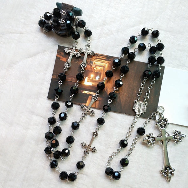 Gothic Black Crystal Rosary Cross Pendant Long Necklace