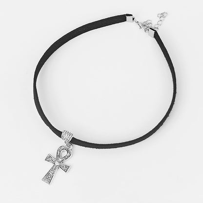 Gothic Ankh Cross Flat Faux Suede Choker Necklace