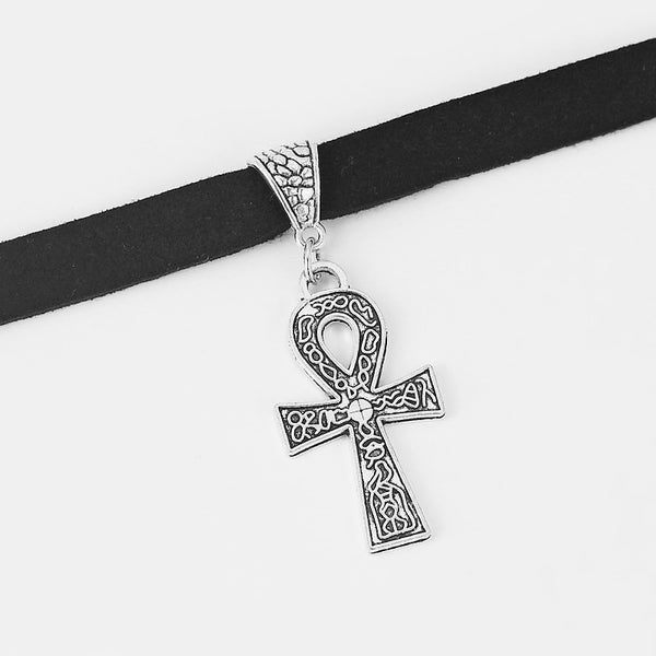 Gothic Ankh Cross Flat Faux Suede Choker Necklace