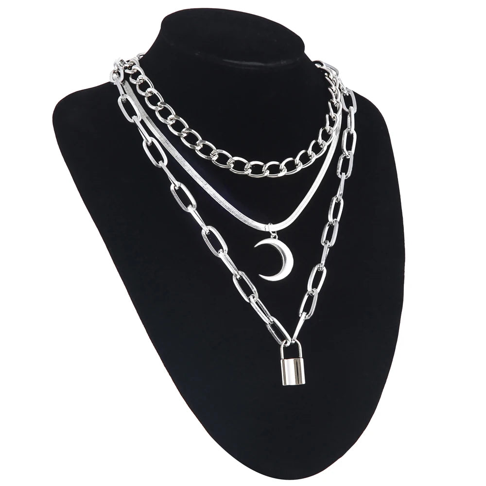 Gothic Alt Goth Moon Lock Pendant Layered Chain Necklace