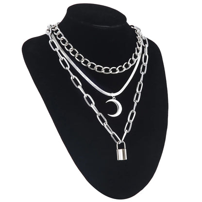 Gothic Alt Goth Moon Lock Pendant Layered Chain Necklace