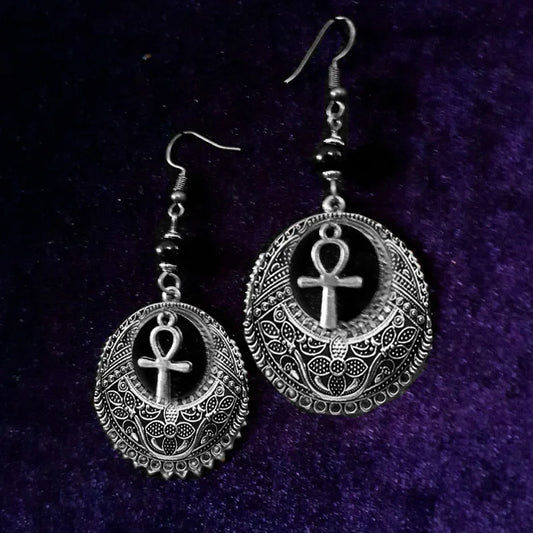 Gothic Alt Goth Ankh Cross Mandala Earrings