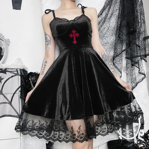 Gothic Fairycore Cross Lace High Waist Velvet Dress