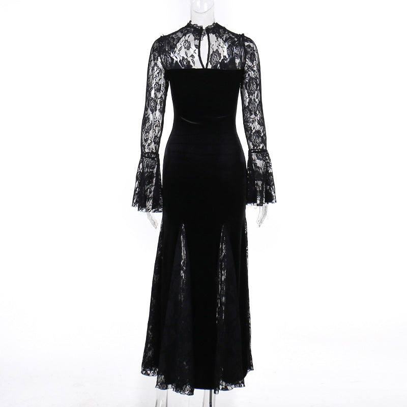 Gothic  Romantic Lace Patchwork Bell Sleeves Long Dress