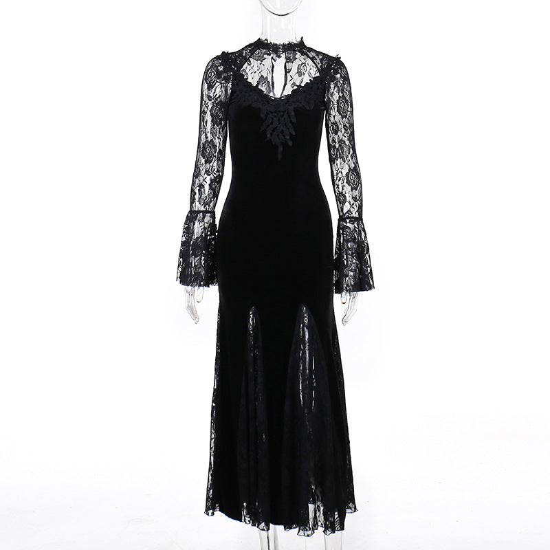 Gothic  Romantic Lace Patchwork Bell Sleeves Long Dress