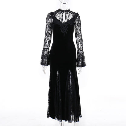 Gothic  Romantic Lace Patchwork Bell Sleeves Long Dress